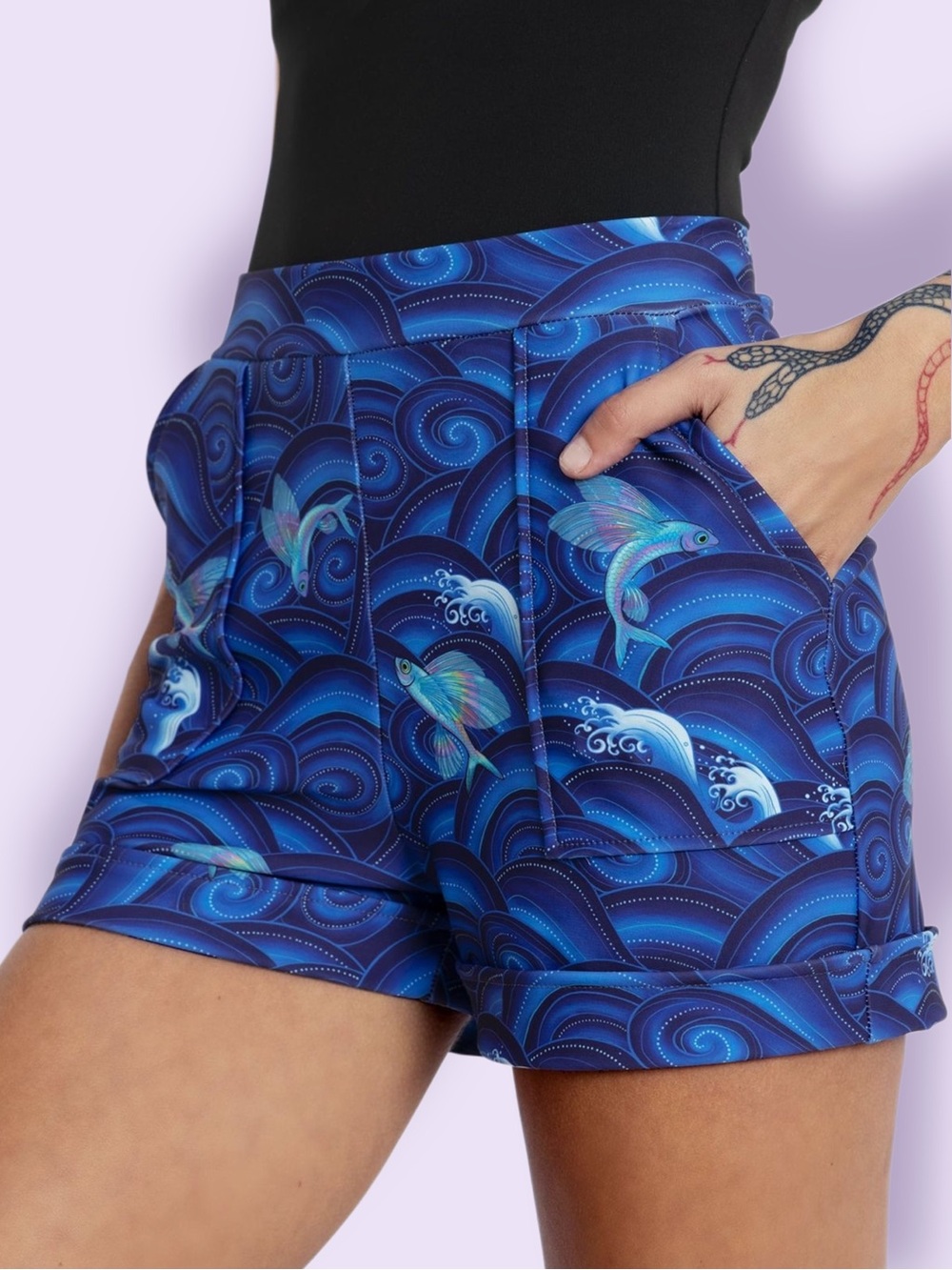 Blackmilk Flying Fish Cuffed Shorts LIMITED XS Blue Wave Fish Print Retro Surf